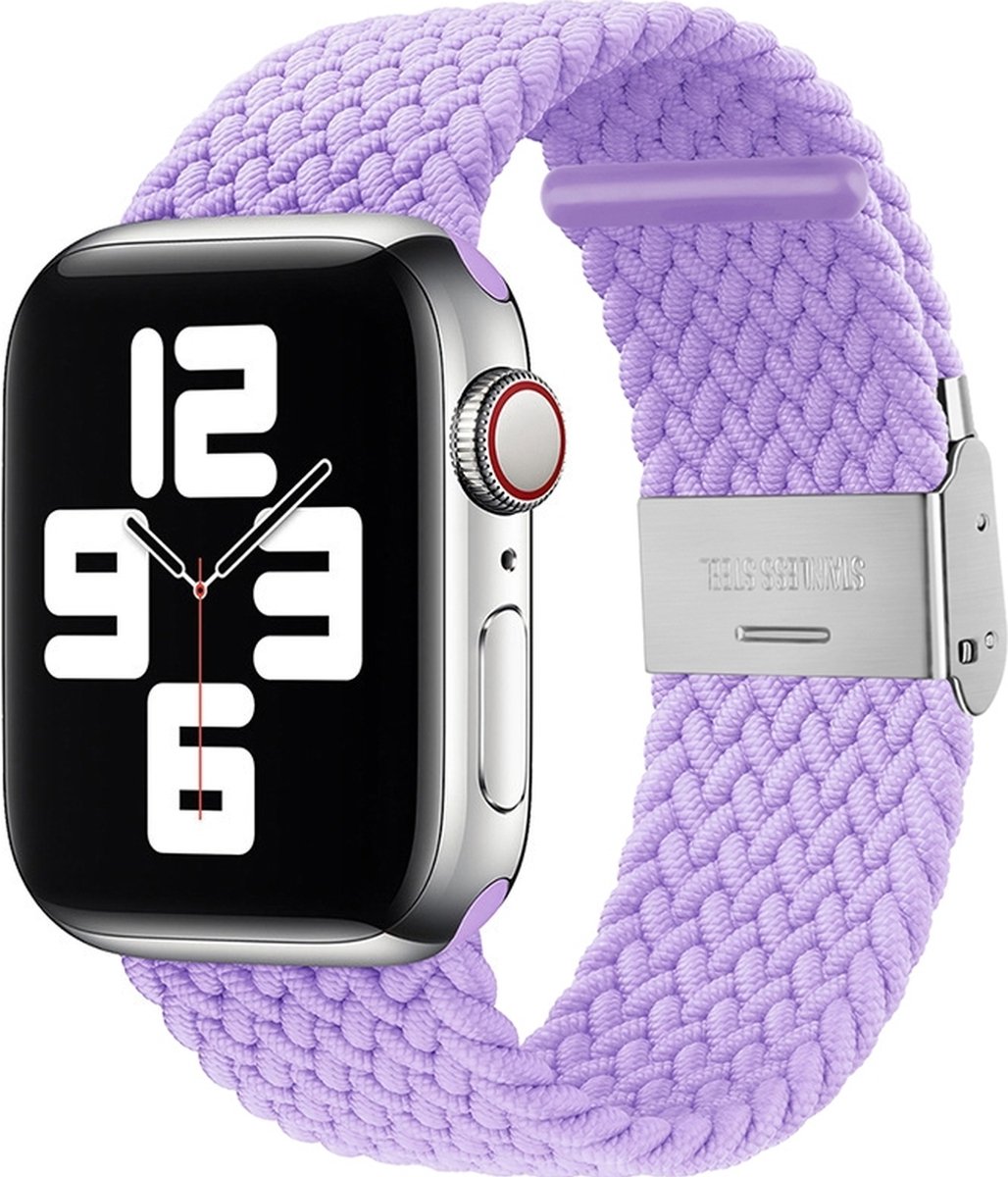 Mobigear Nylon Watch bandje geschikt voor Apple Watch Bandje Klemsluiting | Mobigear Braided - 49/46/45/44 mm - Paars