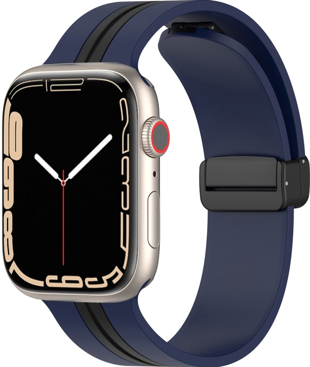 Mobigear Siliconen Watch bandje geschikt voor Apple Watch Bandje Magneetsluiting | Mobigear Stripe Mag - 49/46/45/44 mm - Zwart / Marineblauw