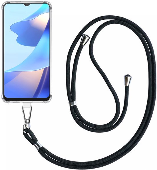 Coque de téléphone transparente avec logo OPPO, attachée à un cordon noir.