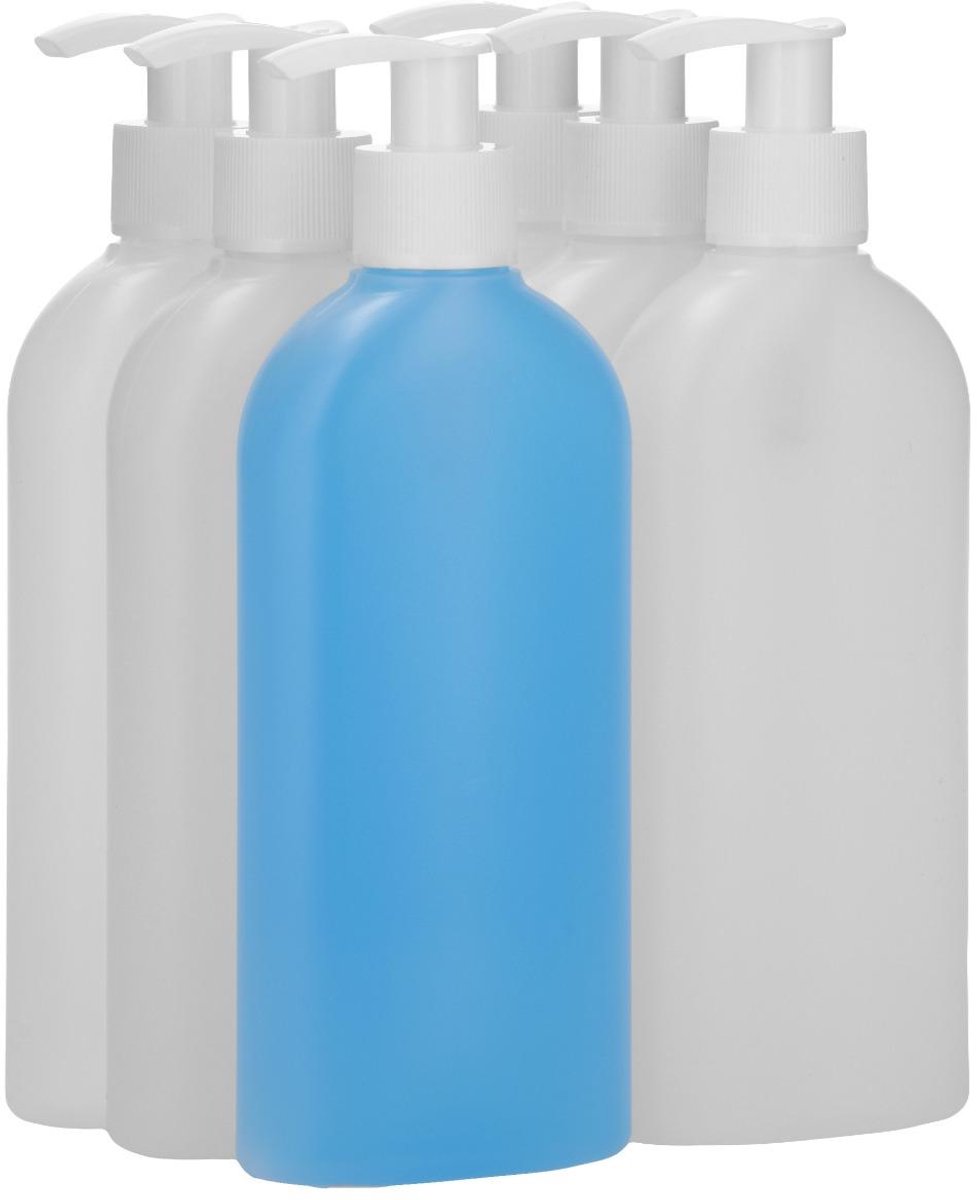 6 x 250 ml Platte fles HDPE naturel + Zeepfles Dispenserpomp wit - BPA Vrij - Niet Breekbaar - Plastic Flesjes Navulbaar - Met Dop - Lege Flessen - 6 stuks.