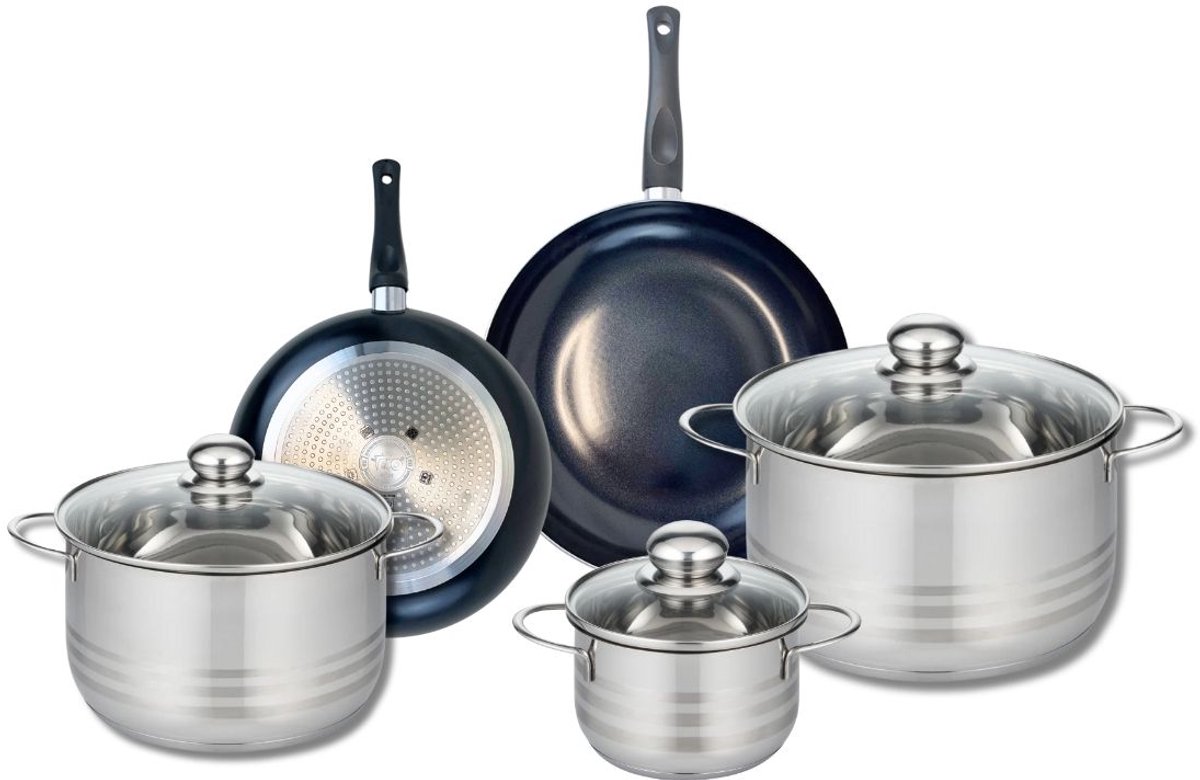Set van 2 Koekenpannen 20 en 24 cm en 3 Kookpotten 14, 20 en 24 cm Elo Prima Brillant