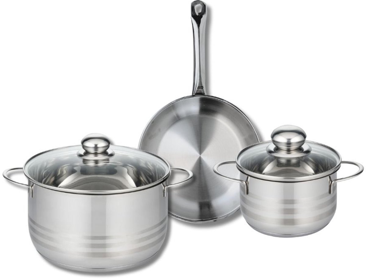 Set van 1 Koekenpan 24 cm en 2 kookpotten 16 en 24 cm Elo Profi Brillant