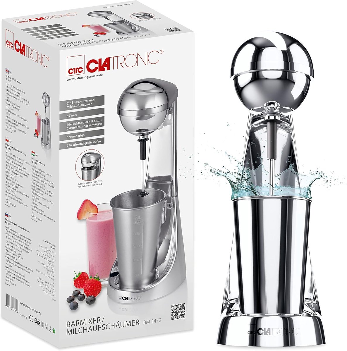 Krachtige Staafmixer en Melkopschuimer met Rvs Beker | 2 Snelheden | 650 ml | Chroom Design