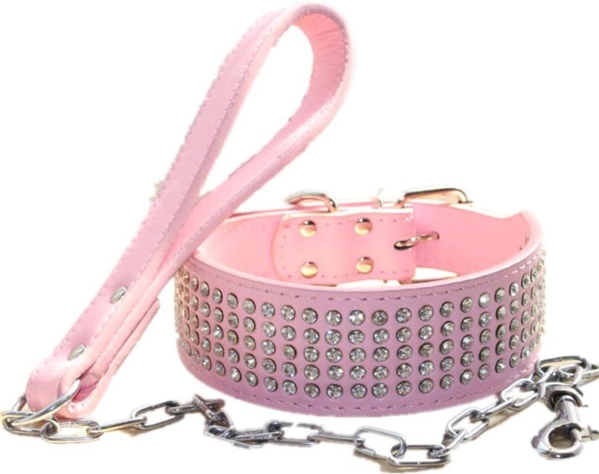 Brede Lederen Strass Crystal Diamante Jeweled Hondenriem en Halsband Set Heavy Duty Fit Pitbull Bulldog Doberman (S Roze)