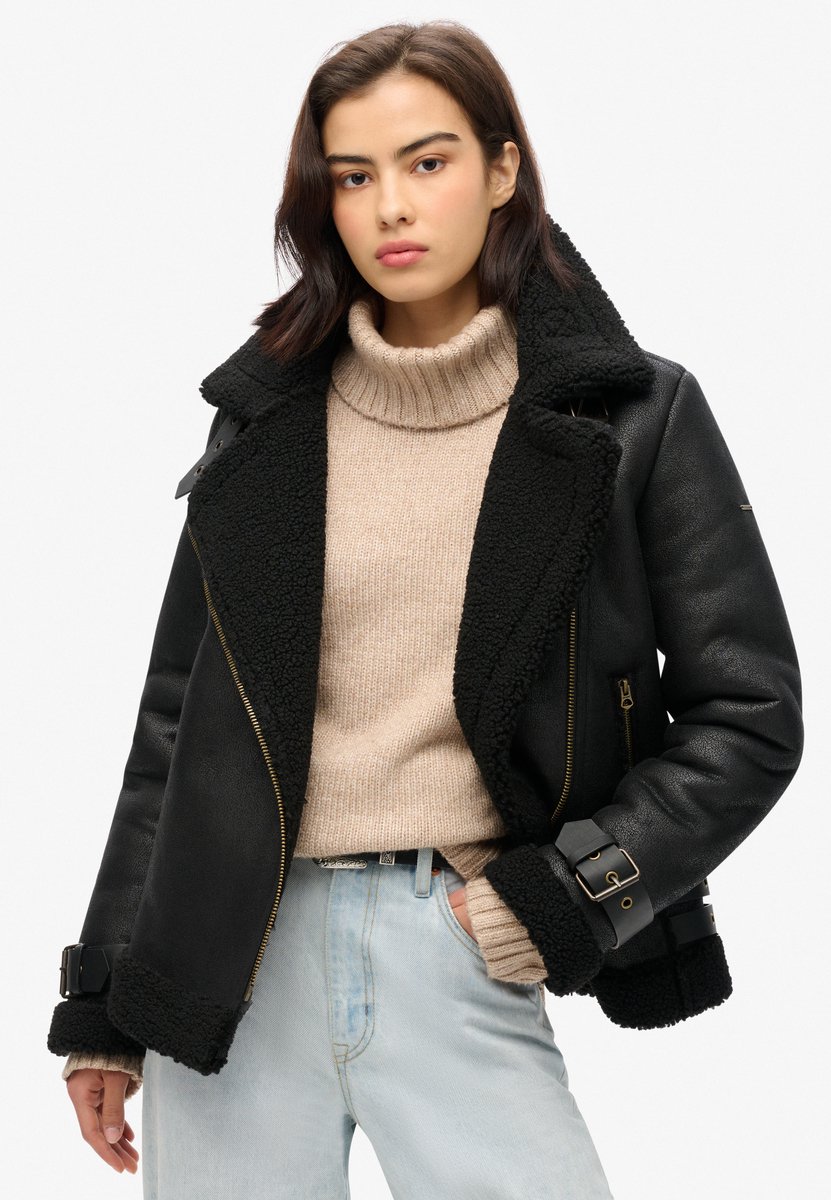 Superdry Aviator jas van imitatiescheerwol Dames Buitenjassen Zwart