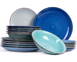 Cookinglife Serviesset Delice Blauw 18-delig – 6 Personen – Bevat 6 Dinerborden, 6 Diepe Borden en 6 Ontbijtborden – Aardewerk met Diepblauwe Reactive Glaze – Vaatwasser- en Magnetronbestendig – Luxe Serviesset met Stijlvolle, Mediterrane Look