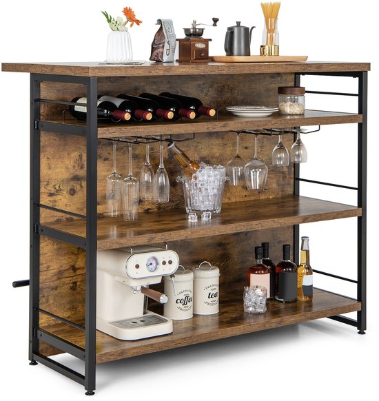 Meuble bar COSTWAY Home, étagère de cuisine avec 4 étagères ouvertes, casier à vin et porte-verres, étagère sur pied 120 x 60 x 101 cm, meuble bar avec repose-pieds et coussins de pieds réglables