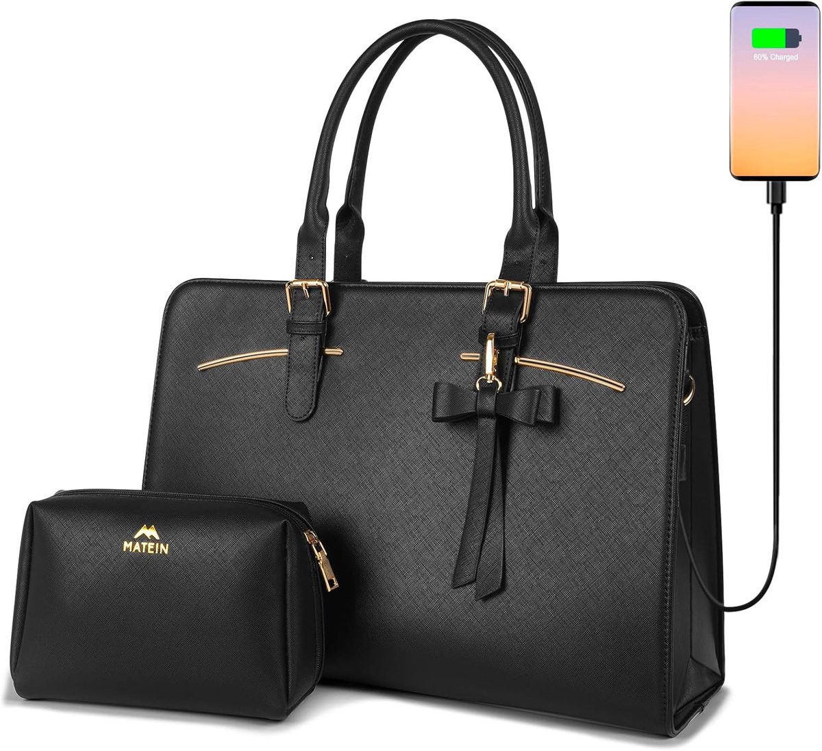 Draagbare Laptop Tas voor Vrouwen Tot 15,6 Inch – Waterdichte Handtas met USB Oplaadpoort en Clutch Tasje – Ideaal voor Werk en Winkelen