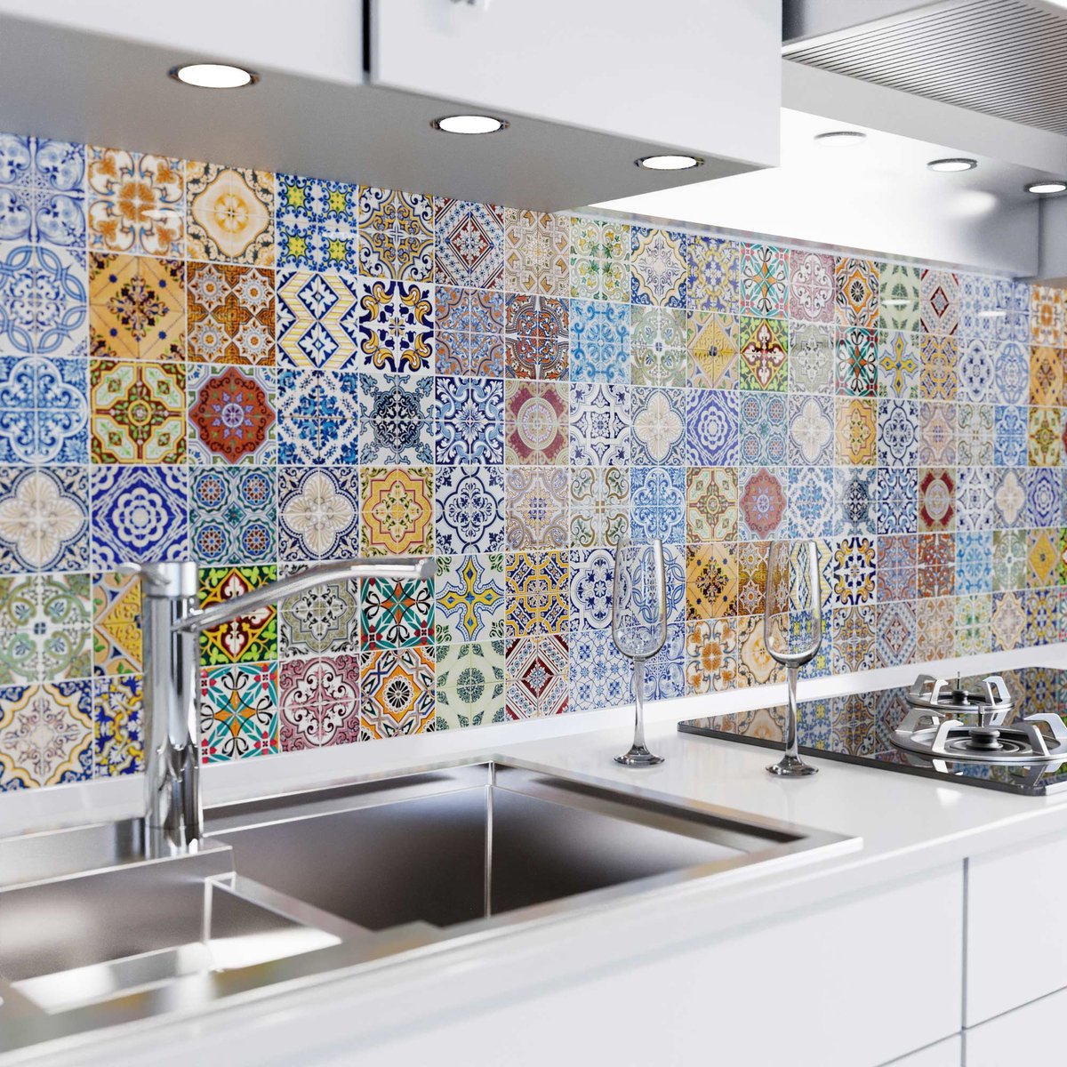 Keuken achterwand zelfklevend - Spatscherm keuken - Spatwand fornuis - Muurbeschermer - Verstevigde PET folie - 0,37 mm - Mat - Mozaïektegels kleurrijk - 220 cm x 60 cm