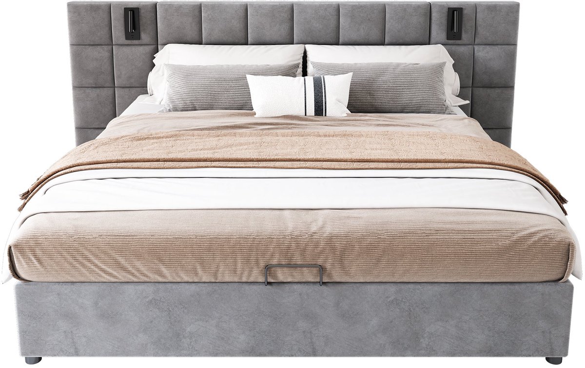 Merax Gestoffeerd Tweepersoonsbed 160x200 cm met Hydraulische Opbergruimte - Bed met Verst