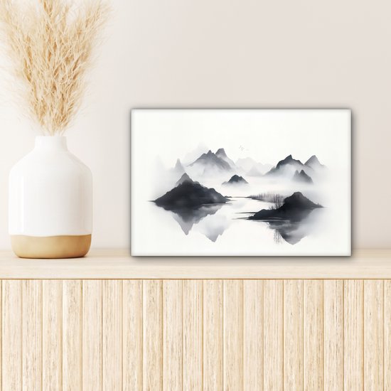 Canvas schilderij 30x20 cm - Exclusieve wanddecoratie Bergen - Mistig - Water - Wit - Muurdecoratie woonkamer - Slaapkamer decoratie - Kamer accessoires - Schilderijen op canvas