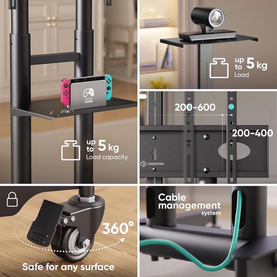 Mobiele TV Standaard op Wielen voor 32-75 Inch - Verstelbare Vloerstandaard tot 60 kg met Hoogte Verstelling en VESA Beugel van Merkloos — afbeelding 4