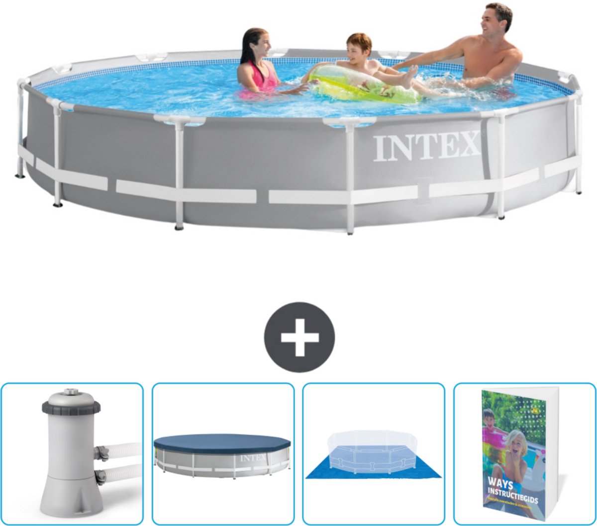 Intex Rond Prism Frame Zwembad - 366 x 76 cm - Grijs - Inclusief Zwembadfilterpomp - Afdekzeil - Grondzeil - Zwembadgids
