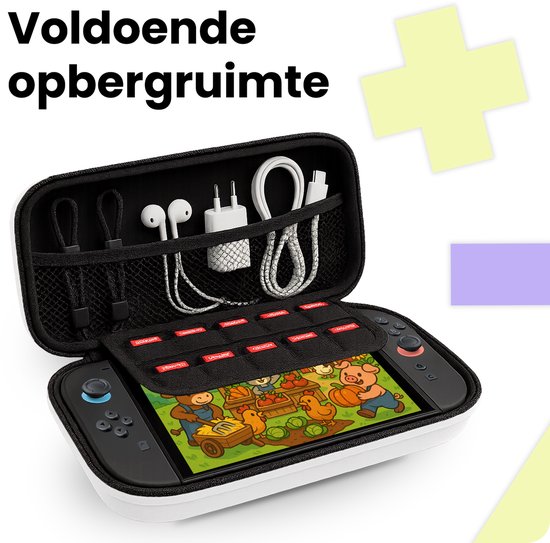 Open witte hardcase hoes met Nintendo Switch en spel, gevuld met oordopjes, oplader en kabels, plus vakjes voor spelcartridges.