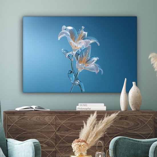 Canvas schilderij 150x100 cm - Exclusieve wanddecoratie Lelies - Blauw - Glazen - Muurdecoratie woonkamer - Slaapkamer decoratie - Kamer accessoires - Schilderijen op canvas