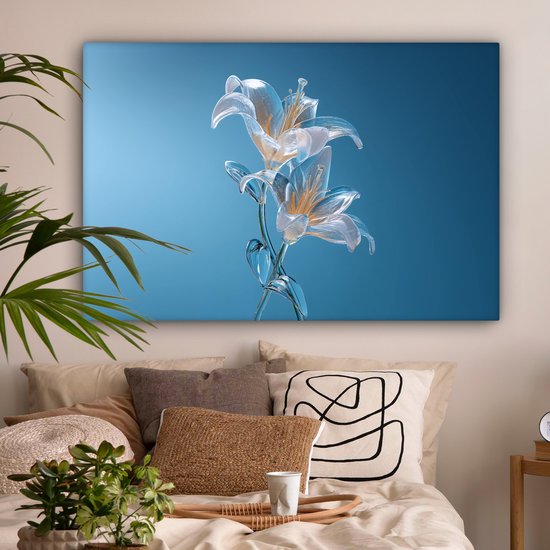 Canvas schilderij 150x100 cm - Exclusieve wanddecoratie Lelies - Blauw - Glazen - Muurdecoratie woonkamer - Slaapkamer decoratie - Kamer accessoires - Schilderijen op canvas