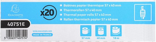 Bobines Terminaux bancaires Exacompta 40761E - l 57 mm x L 18 m, 40 mm - 1 pli(s) - paquet de 20 sur Bobines Terminaux bancaires Exacompta 40761E - l 57 mm x L 18 m, 40 mm - 1 pli(s) - paquet de 20 sur