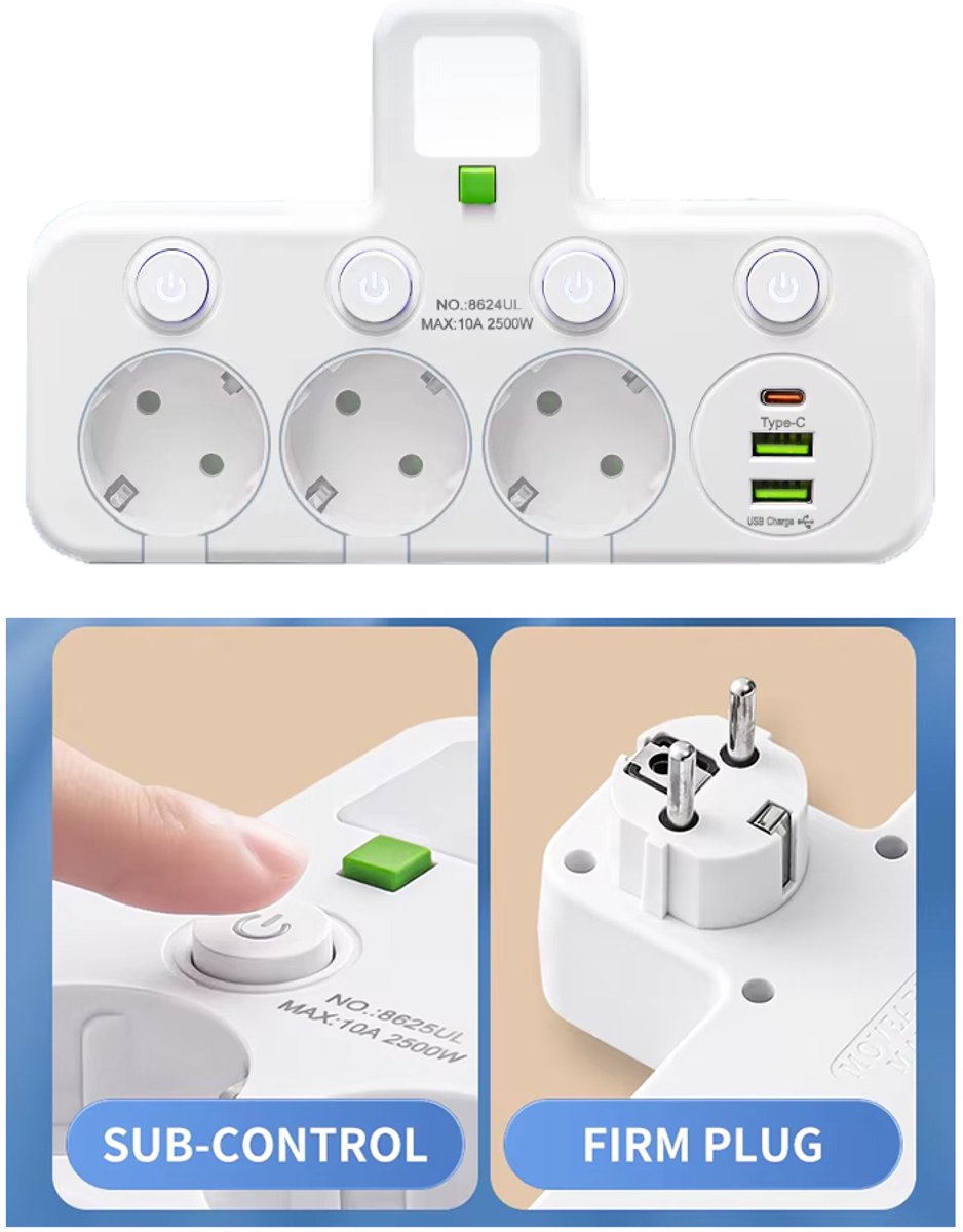 2500 W Stekkerdoos - EU-Stekkeraansluiting met 3 Stopcontacten - 2 USB en 1 USB C, Zonder Verlengsnoer + nachtlampje
