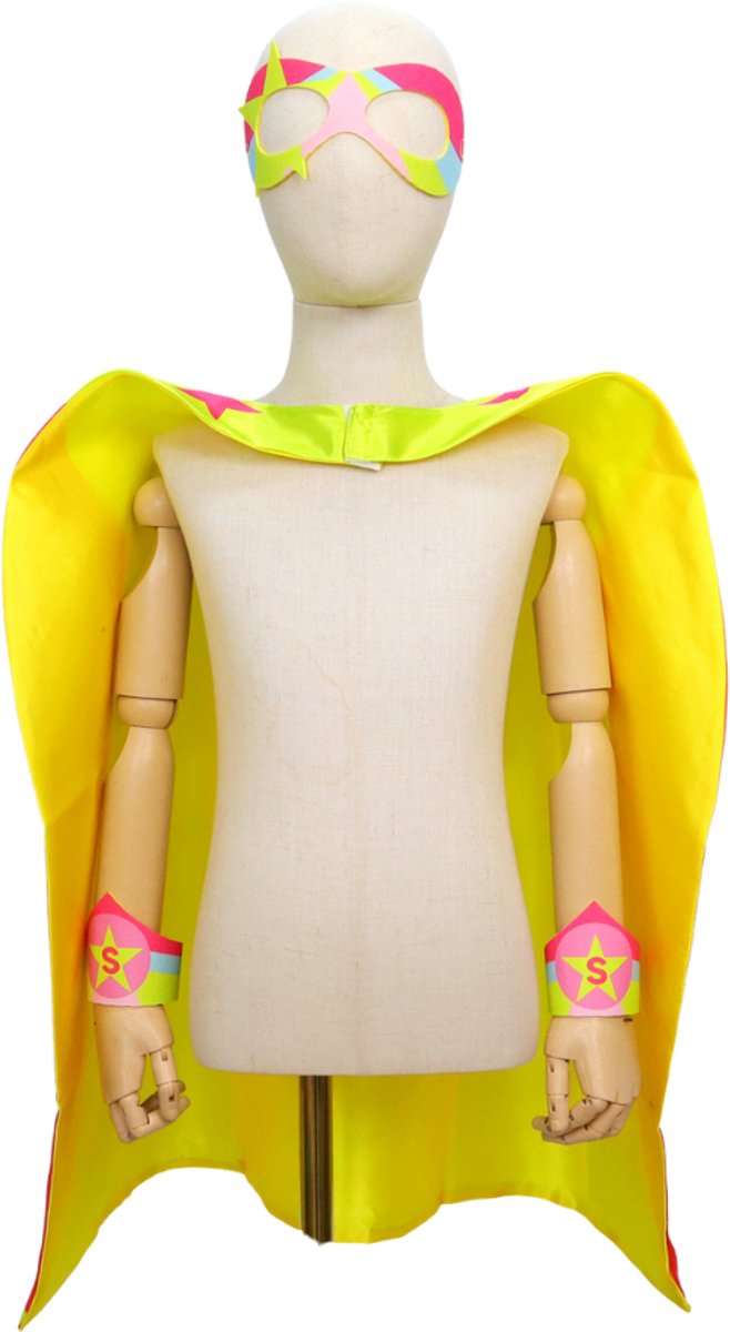 Joya Kids® Verkleedset Meisje | Superheldin Cape Masker Armbanden | Roze, Blauw en Geel met Sterren | Verkleedkleding Kinderen | Carnaval & Rollenspel | Superheld Ster | Verkleedkleding 3-delig | Roze, Blauw en Geel — afbeelding 4