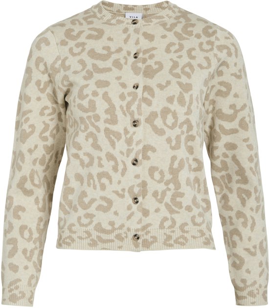 Un gilet beige à imprimé léopard, col rond et fermeture boutonnée.