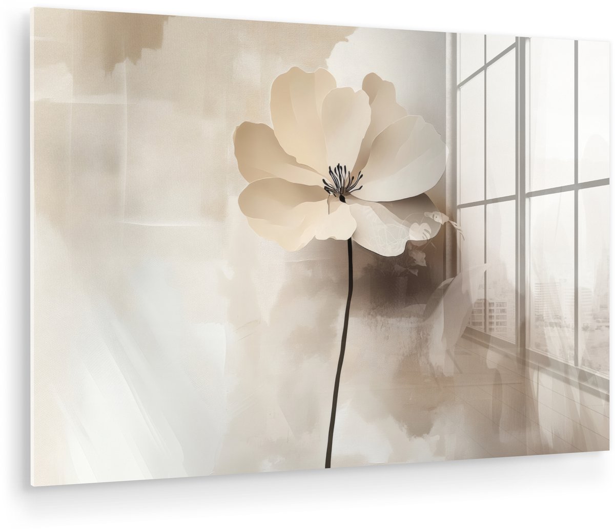 MuchoWow® Glasschilderij 30x20 cm - Schilderij acrylglas - Bloem - Beige - Verf - Schaduw - Foto op glas - Muurdecoratie woonkamer - Wanddecoratie slaapkamer - Schilderijen