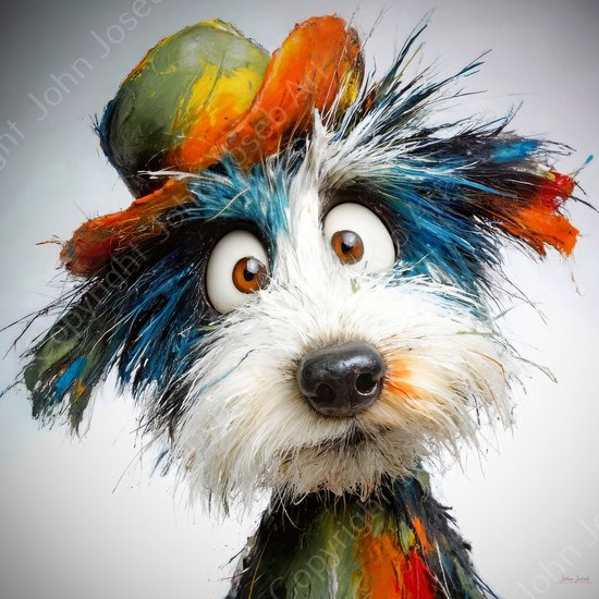 JJ-Art (Toile) 60x60 | Chien fou et drôle avec chapeau, humour, animal, portrait, blanc, orange, vert, bleu, moderne | Impression sur toile Photo-Painting (décoration murale)