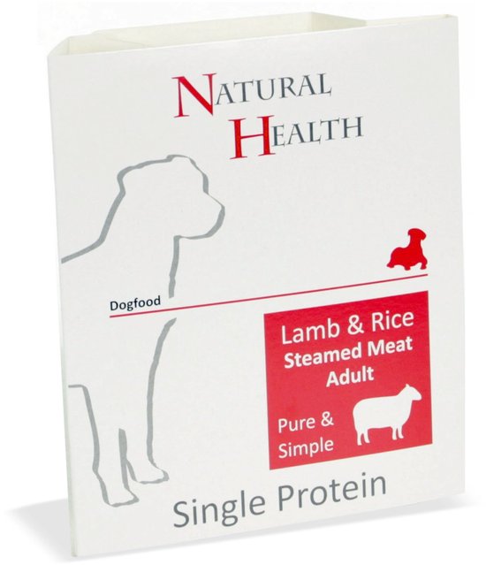 Natural Health hondenvoer, Lamb & Rice Steamed Meat Adult, in een doosje met een bakje.