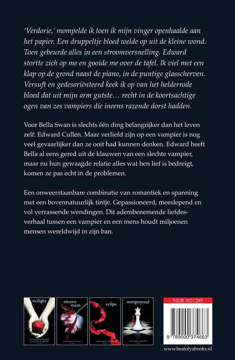 Boekomslag met vier titels van Stephenie Meyer. De vierde titel is 'morgenrood'.