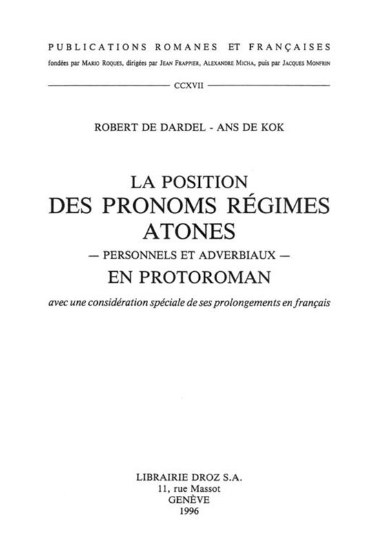 Publications Romanes et Françaises - La position des pronom ... - cover