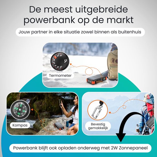 Zwarte en oranje powerbank met thermometer en kompas, bevestigd aan een rugzak, laadt onderweg op via zonnepaneel.
