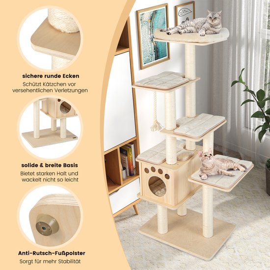 Krabton: Krabpaal Met 6 Verdiepingen Kattenboom Met Gezellige Matten Grot En Kattenboog Kattenmeubels Klimboom Speelboom Beige 176 Cm Hout