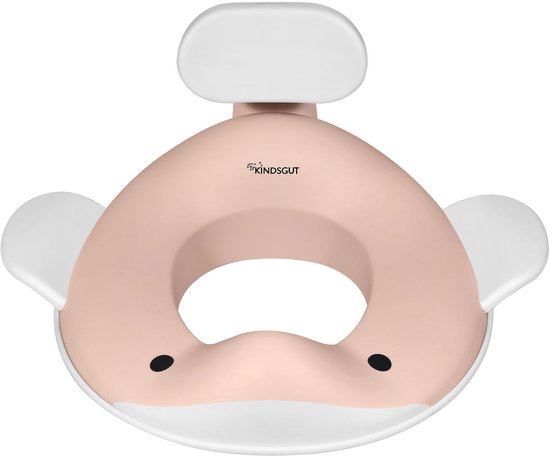Perzikkleurige toiletverkleiner met walvisdesign en witte oren en rugleuning.