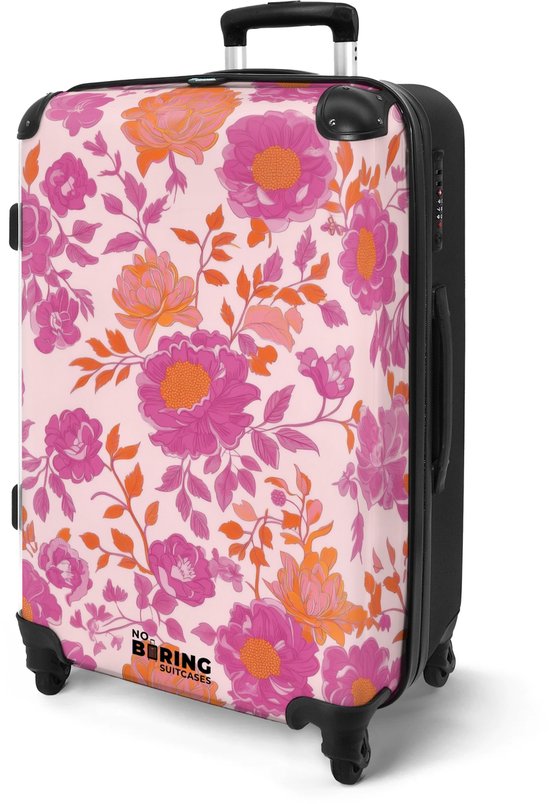 NoBoringSuitcases.com® - Koffer groot - Rolkoffer lichtgewicht - Roze met paarse bloemen - Reiskoffer met 4 wielen - Grote trolley XL - 20 kg bagage - Valiezen middelgroot - Hardcase bagagekoffer - Suitcase large