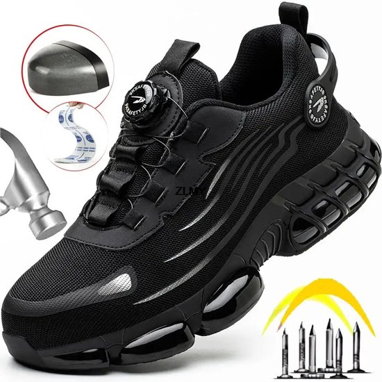 Chaussure de travail basse noire avec embout de sécurité, lignes argentées et semelle surélevée.