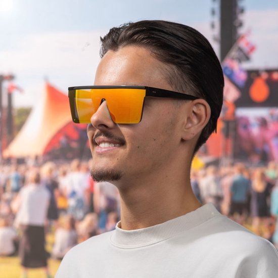 Zonnebril vierkant - Zonnebrillen - Festival bril - Rave bril - Glasses - Zwart - Oranje/rood glas van Feestbrillen.com — afbeelding 3
