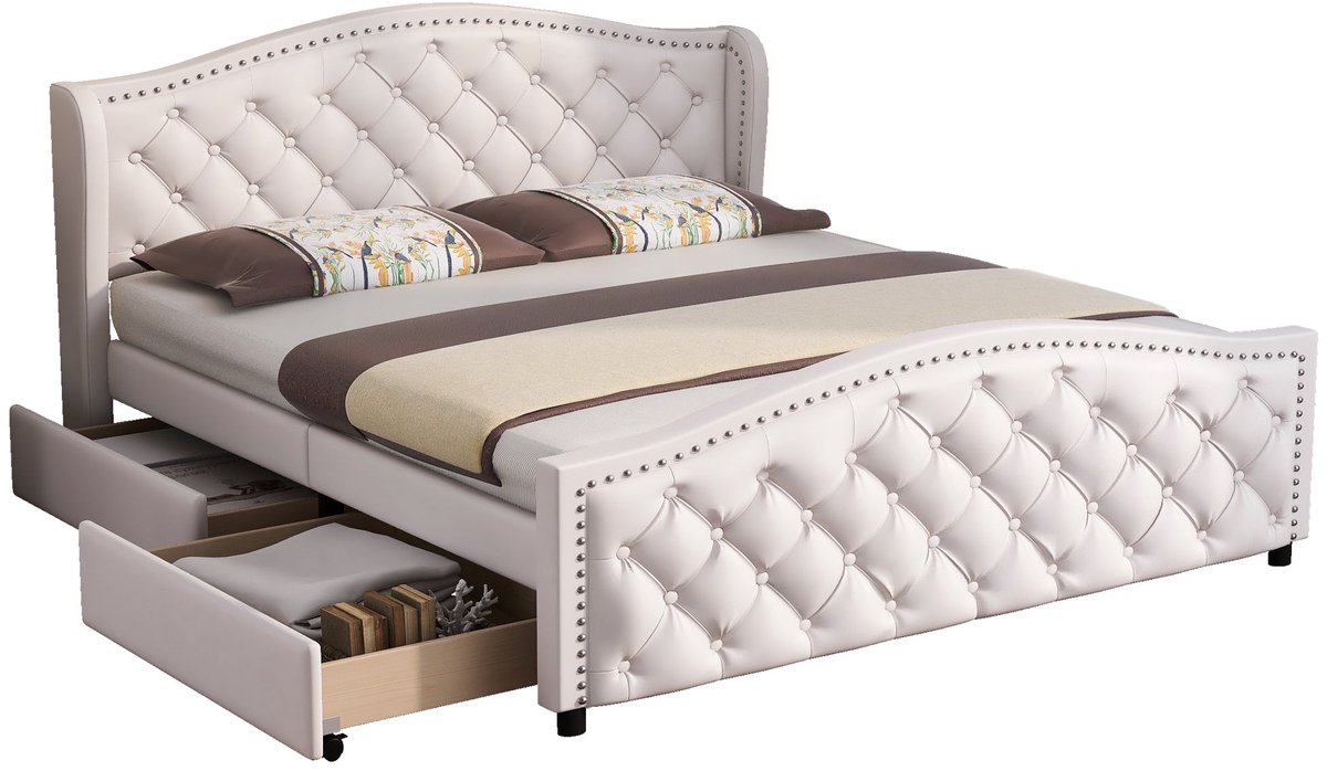 Merax Gestoffeerd Bed 140x200 cm - Bed met Lattenbodem - 2 Schuiflades en Hoofdeinde met Knopen - Hout & Kunstleer - Wit - Jeugdbed of Logeerbed