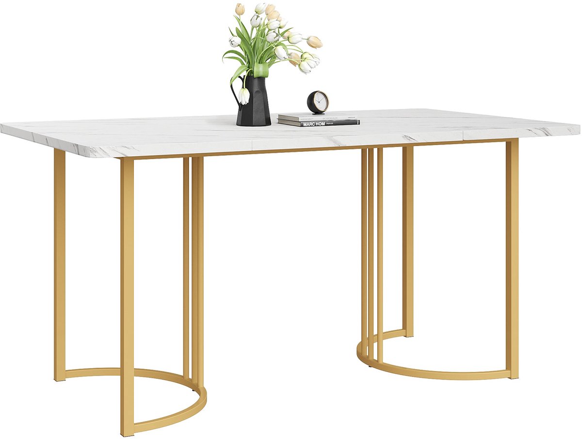 Merax Eettafel 140x80 cm – Wit Marmerlook Tafelblad met Gouden Metalen Poten