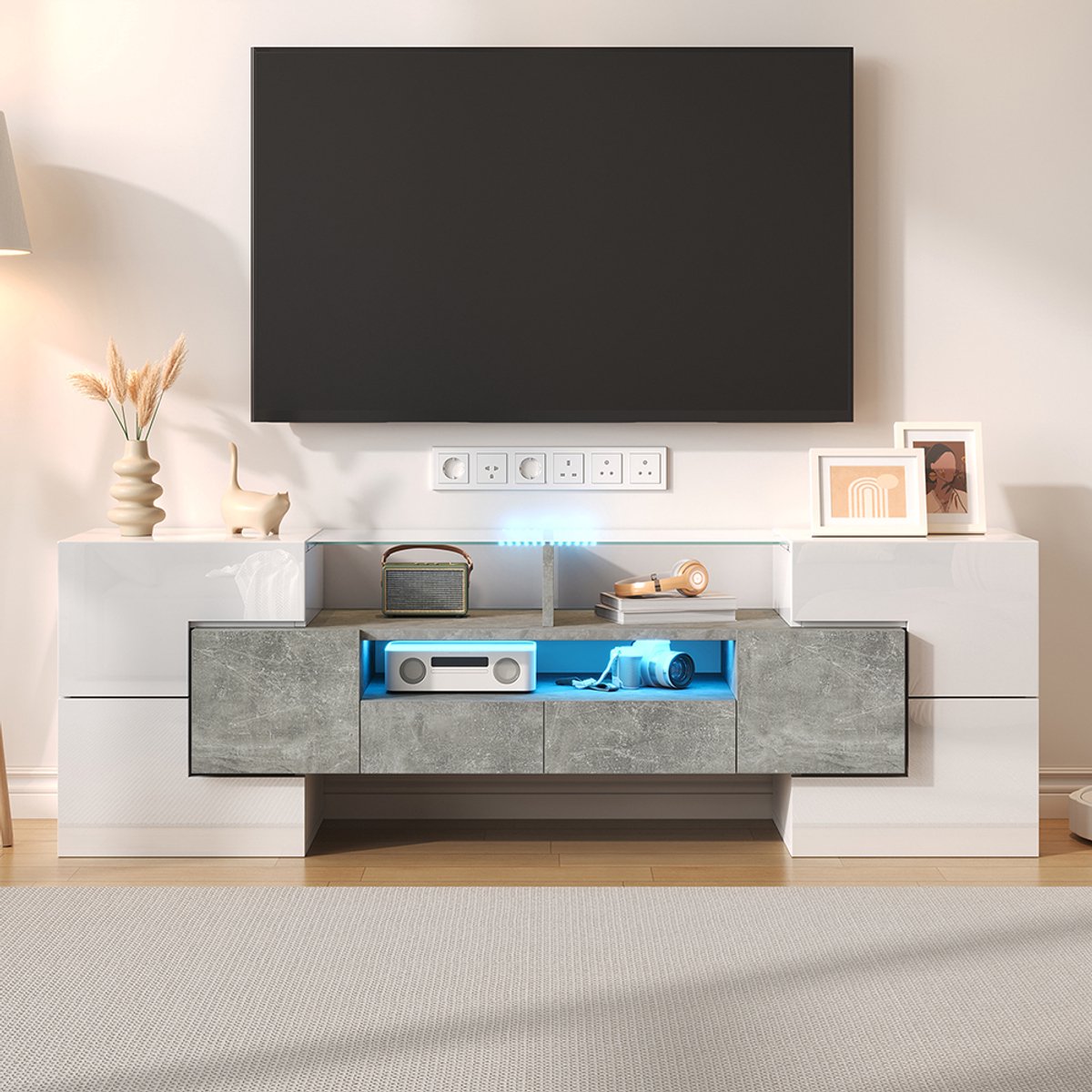 Elegant TV meubel Laag glanzend wit TV meubel 145 cm LED verlichting woonkamer meubel Elegant glazen blad Grijs