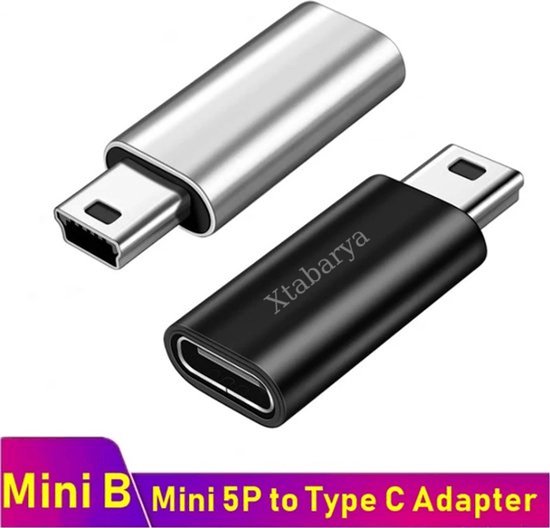 Zwarte en zilverkleurige adapter; de ene kant heeft een mini USB B 5P-connector, de andere kant een USB-C-connector.