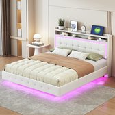 Lit double rembourré Merax 160 x 200 cm avec Siècle des Lumières LED et connexion USB - Lit de Luxe - Lin beige