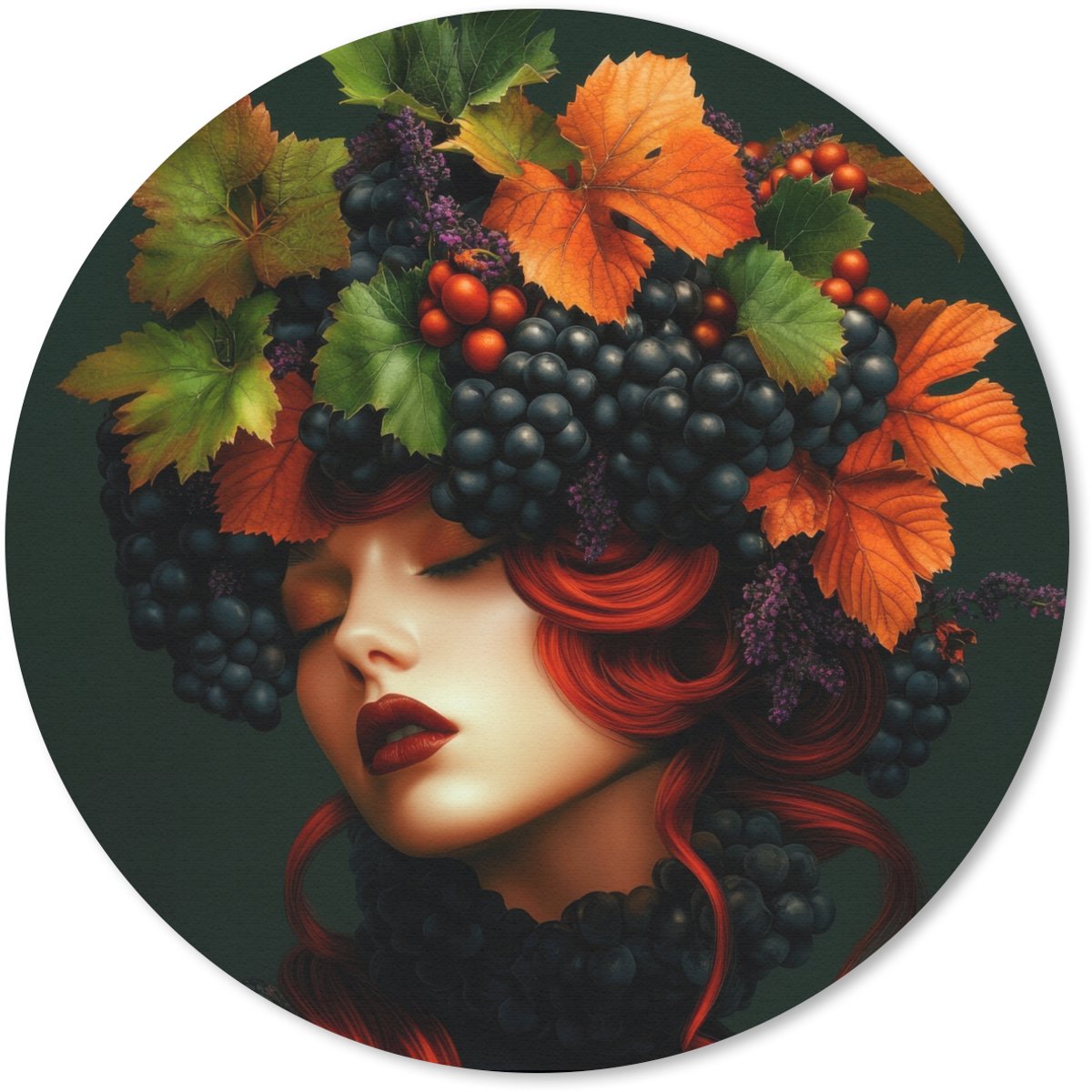 Muismat rond 50x50 cm - Mousepad Vrouw - Rood - Groen - Druiven - Ronde muismatten