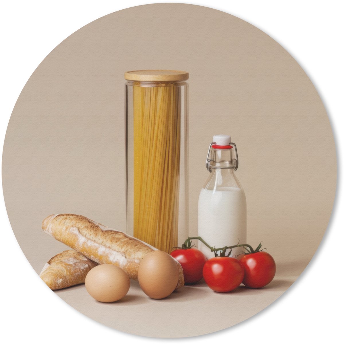 Muismat rond 30x30 cm - Mousepad Spaghetti - Melk - Tomaten - Eieren - Brood - Ronde muismatten
