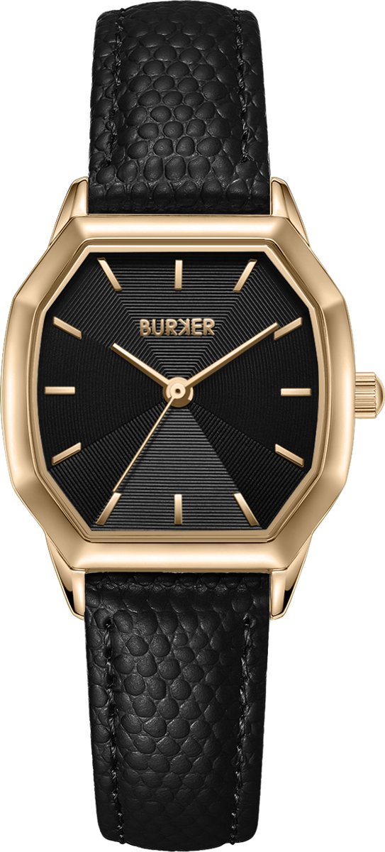 BURKER Julia Horloge Dames - Hexagon - Goud Zwart - Zwart - Leren Band - 32 mm