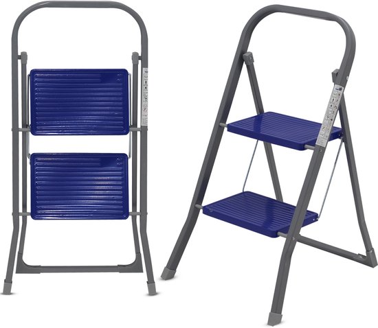 Muntel® Huishoudtrap 2 treden - Keukentrap Inklapbaar - TÜV/GS - Blauw - Antislip - Max. hoogte 47 cm