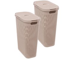 5Five Smalle Wasmand met deksel Rotan - 2x - beige - gevlochten kunststof - 40 liter - 26 x 46 x 60 cm