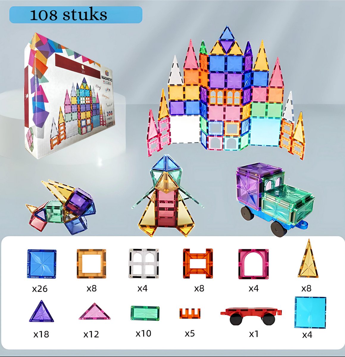Tissy® - Magnetisch Speelgoed – 108 stuks - Constructie speelgoed - Magnetische tegels - Montessori - speelgoed - Magnetic toys - Magnetische bouwstenen - Speelgoed Kinderen - Magnetic Tiles - Cadeau - Kerst