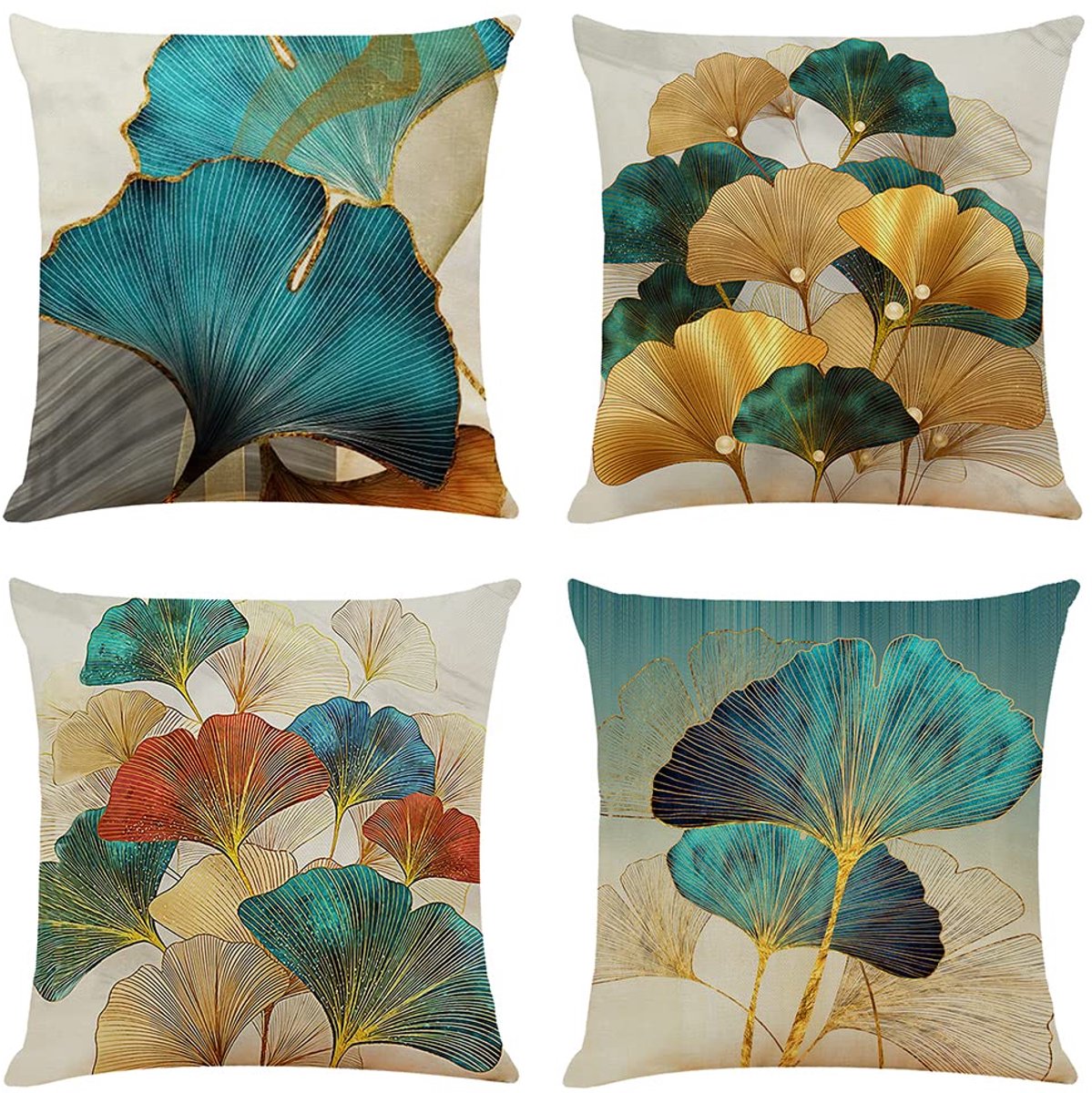 Ibenzoa® Kleurige Vierkante Kussenhoezen Set van 4 met Natuurlijke Ginkgo Print voor Stijlvolle Interieurdecoratie