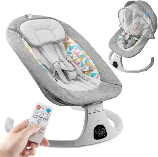 Wipstoel - met Speelboog en Muziek - tot 9kg - Elektrische Wipstoel - Bluetooth, Afstandsbediening en Timer - Grijs - van Saaf