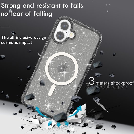 Coque IYUPP pour iPhone 16, Glitter MagSafe, antichoc, Zwart et transparente