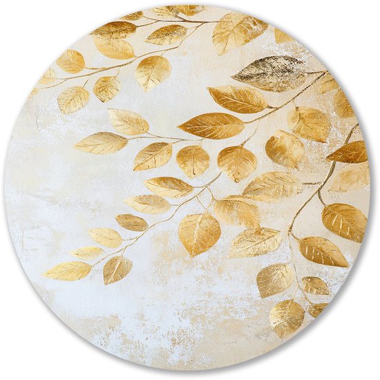 Gouden bladeren op neutrale achtergrond - Bladeren rond schilderij - Wandbord natuur - Minimalisme - Wandkunst rond - Slaapkamer muurdecoratie - muurcirkel aluminium 100x100 cm